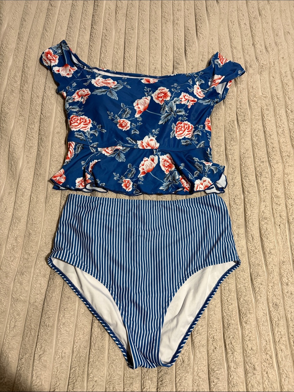 Blue Floral Peplum Tankini Top with Striped High-Waist Bottom - Women's Swim